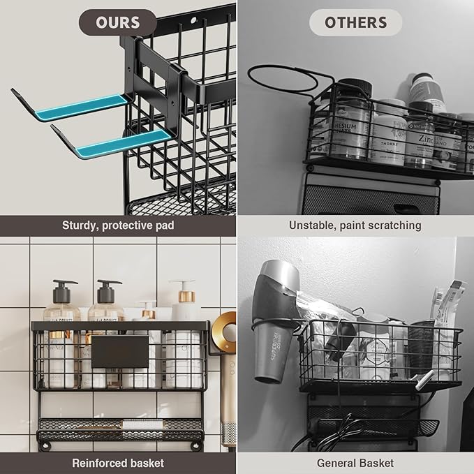 Magheo Hair Dryer Holder Wall Mounted, Adheisve Hair Styling Tool Organizer for hair Brush/Appliance Wall Mount with 4 Tier Shelf Basket Hooks Blow Dryer and Straightener Holder for Bathroom(Black)