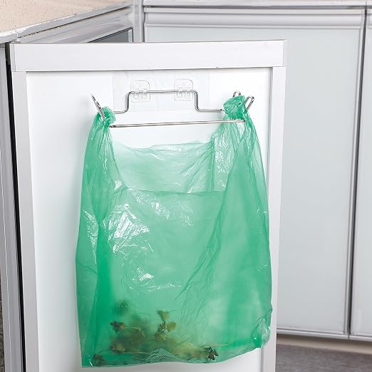 Stainless Steel Trash Bag Holder for Kitchen Cabinets Doors and Cupboards, Under Sink Bag Hanger, Portable Trash can, Waste Bins, Wall Adhesive Hanging Garbage Bins, with Wall Sticker Base