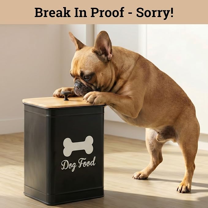 Dog Food Container Airtight 5-7 lb (25 Cup) Capacity - Cute Airtight Dog Food Storage Container with Bamboo Lid & Sturdy Metal Handle - Black Metal Kibble Storage Bin for Dogs up to 50 lbs - Pet Jar