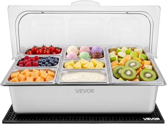 VEVOR Countertop Food Serving Display Container, Stainless Steel Food Salad Server Tray, Buffet Condiment Dispenser, Ice Cooled Rack with Clear Roll Top Cover, for Restaurant Hotel (1x1/3+6x1/9 Pan)
