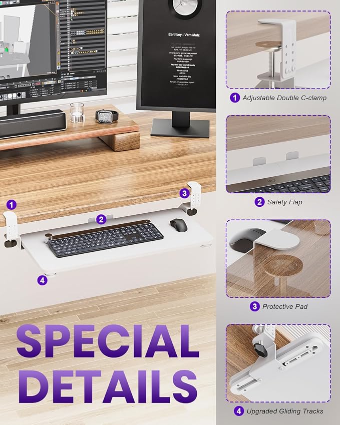 Ergonomic Keyboard Tray Under Desk, Pull Out with Adjustable C-clamp, 25.6 (31.5 Including Clamps) x 11.8 Inch Slide Out Computer Keyboard Drawer Mouse Tray for Typing, Large & White