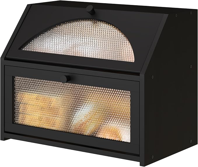 Bread Box, Bamboo Wood Bread Box for Kitchen Counter, Double-layer Bread Storage Bin, Acrylic glass with Diamond Patterns (Black, Large)
