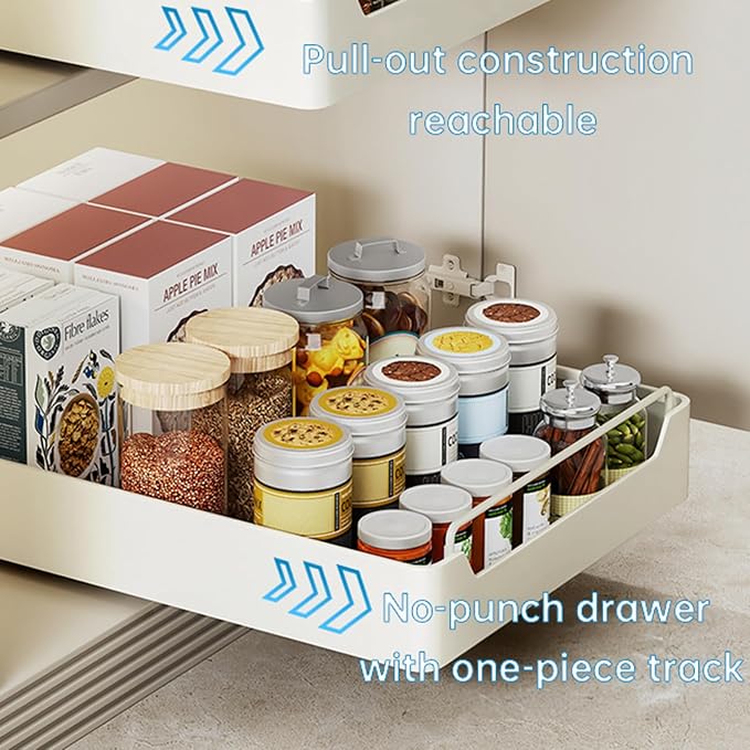 Kitchen Cabinet Organizer Pull Out Drawer Extendable Sliding Cupboard Shelf 20cm W x 43cm D x 7cm H White No Drill Installation