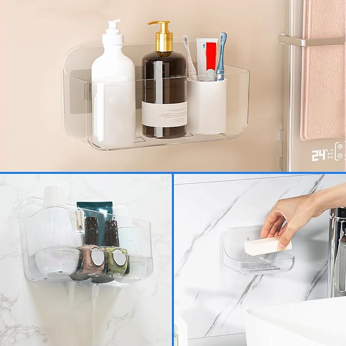 Diesisa 3pc Acrylic Wall Mount Organizer, Adhesive Clear Shower Caddies,Acrylic Soap Basket for wall,No Drilling Hang Walls,with Self Adhesive Tape, for Bathroom, Kitchen, Living Room