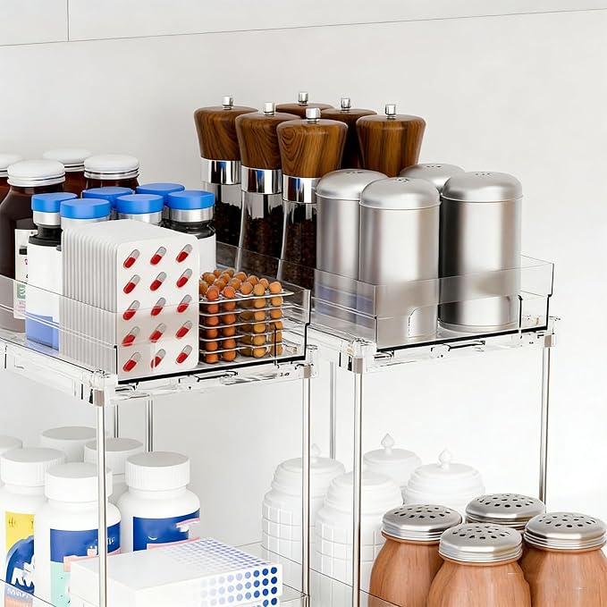 Pull Out Cabinet Organizer Drawers, 2 Tier Vertical Sliding Kitchen Rack with Clear Storage Bins for Seasonings, Easy Install No Drill Adhesive Under Counter Bathro