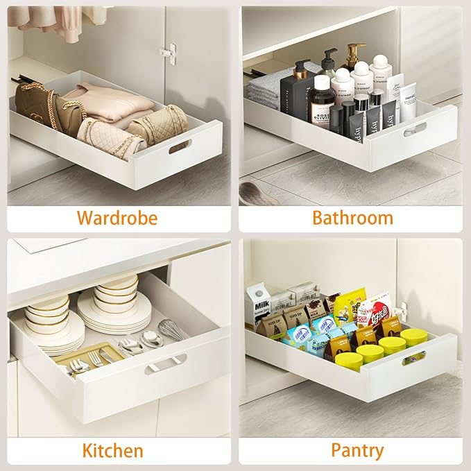 Pull Out Drawers for Cabinets 16.9"Deep, Slide Out Drawers for Kitchen Cabinets Adhesive Pull Out Cabinet Organizer, Cabinet Pull Out Shelves for Kitchen Bathroom and Pantry(White,11.8"W)