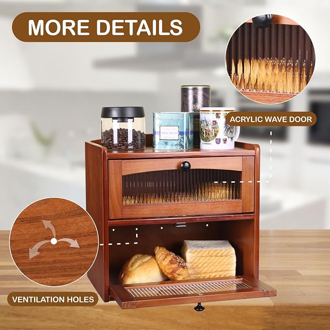 Bread box for Kitchen Countertop Double Layer Large, Solid Wooden Farmhouse Bread Storage Container with Acrylic Window, Bread Holder Organizer Bin for Homemade Bread and Pantry(Teak)