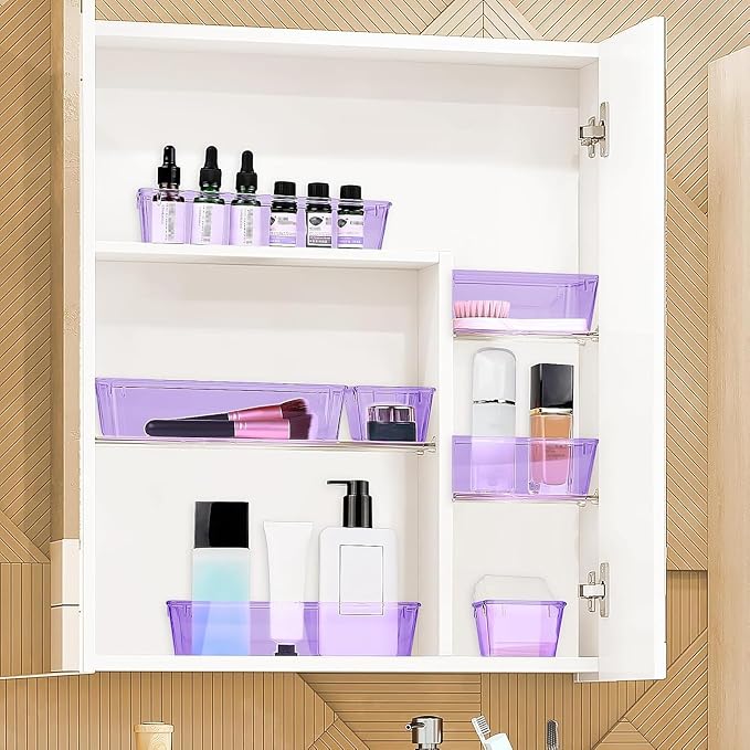 StorMiracle 25 PCS Drawer Organizer Set, 4 Varied Size Bathroom and kitchen Drawer cabinet organizer Trays, Clear Storage Bins for Makeup, Jewelry, Utensils and Gadgets, Purple