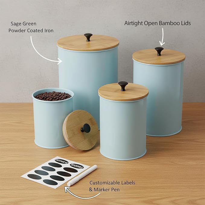 Canisters Sets for the Kitchen Set of 4 Kitchen Canisters for Countertop Airtight Black Flour and Sugar Containers with Bamboo Lids Labels and Marker for Pantry and Coffee Bar Decor
