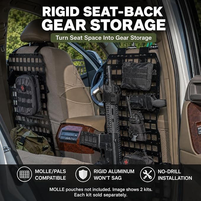 V2 Pro MOLLE Seat Back Panel, 2mm Aluminum Truck Seat Organizer, Anti-Rattle Headrest Mount, MOLLE/PALS Gear Rack for Full-Size Trucks & SUVs, 1 Seat Kit