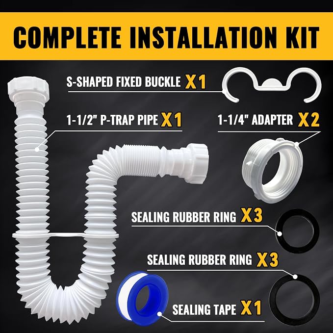 VIVIDA Flexible Sink Drain Pipe, 1-1/2" Expandable Flexible P Trap Drain Pipe, 11"-31.5" Sink P Trap for Bathroom & Kitchen, 1-1/4" Adapter Included, White, 1 PACK