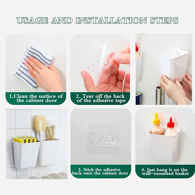 4 Pack Cabinet Door Organizer, Self Adhesive Wall Mount Storage Bins, No Drilling Food Grade ABS plastic for Kitchen, Bathroom, Refrigerator, Wardrobe, Under Sink, Desktop Sundries