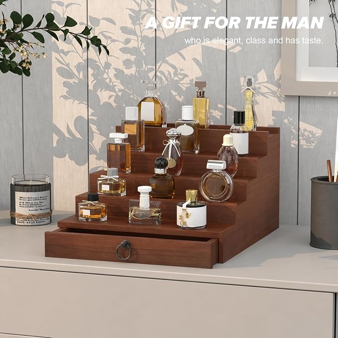 upcessory Cologne Organizer for Men, 5 Tier Black Wood Perfume Organizer with Felt Lining Drawer and Hidden Compartment, Perfume Display Holder, A Gift for Men