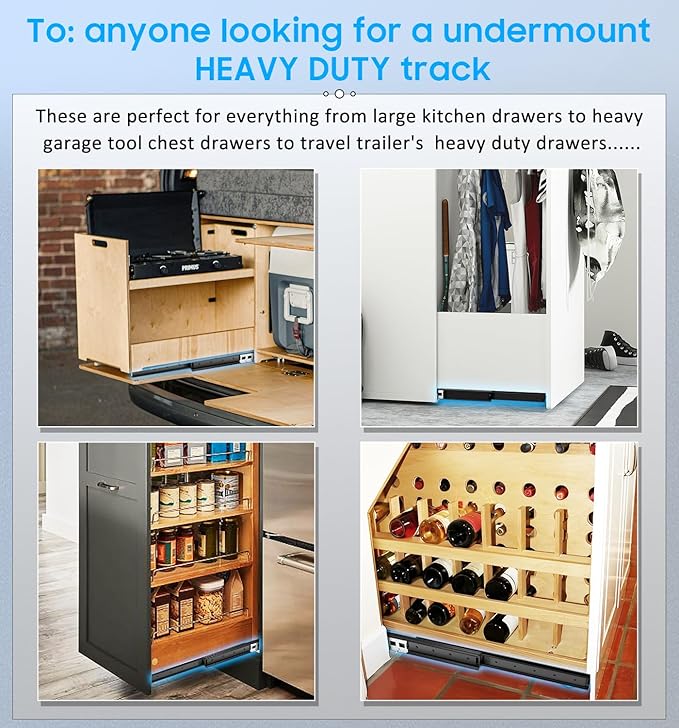 Undermount Heavy Duty Drawer Slides Rail Bottom Mounted Full Extension Hidden Drawer Runners Ball Bearing Glides Staircase Cupboard Cabinet Wardrobe