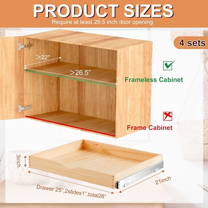Sintuff 4 Pack Wooden Pull out Tray Cabinet Organizer Gentle Close Roll out Shelves for Kitchen Cabinets Fully Assembled Slide Pantry Shelves (26'' X 21'')