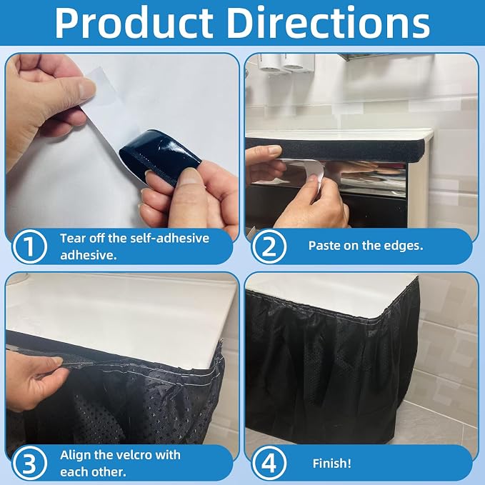 Fabric Sink Skirt Waterproof Self-Adhesive Bathroom Sink Skirt Diamond Stitch Design, 55 x 32 Inches, Adds Under Sink Storage (Dark Blue)