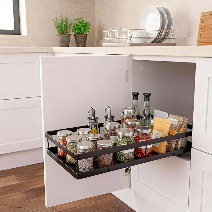 Pull Out Cabinet Organizer, Pull Out Drawers for Cabinets, No Drill Adhesive Slide Out Drawer, Kitchen Cabinet Organizer, Under Sink Organizer, Cabinet Pull Out Shelf, Heavy Duty Metal Basket