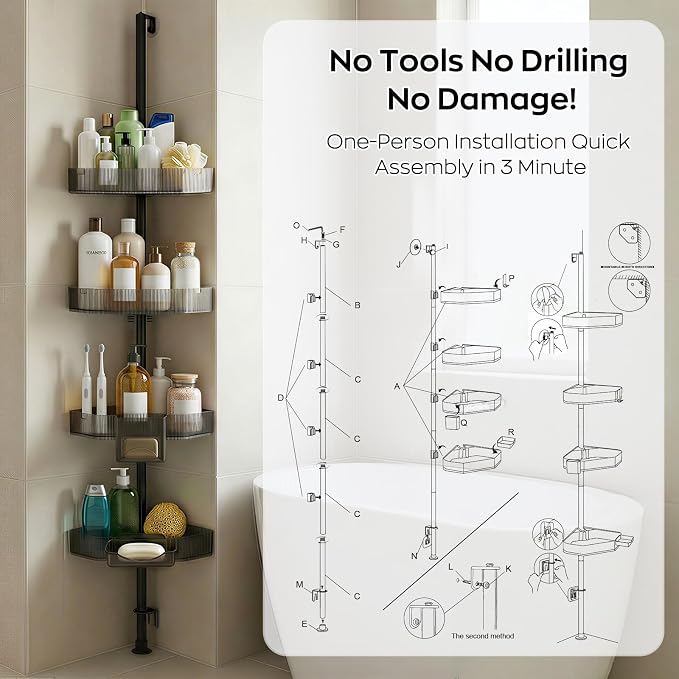 Corner Shower Caddy Extendable Rustproof Shower Organizer Adjustable 4-Tier Bathroom Shelves Anti-Tipping Bathtub Shampoo Storage Floor Standing Bath Rack 45-75 Inch No-Drill Quick Installation