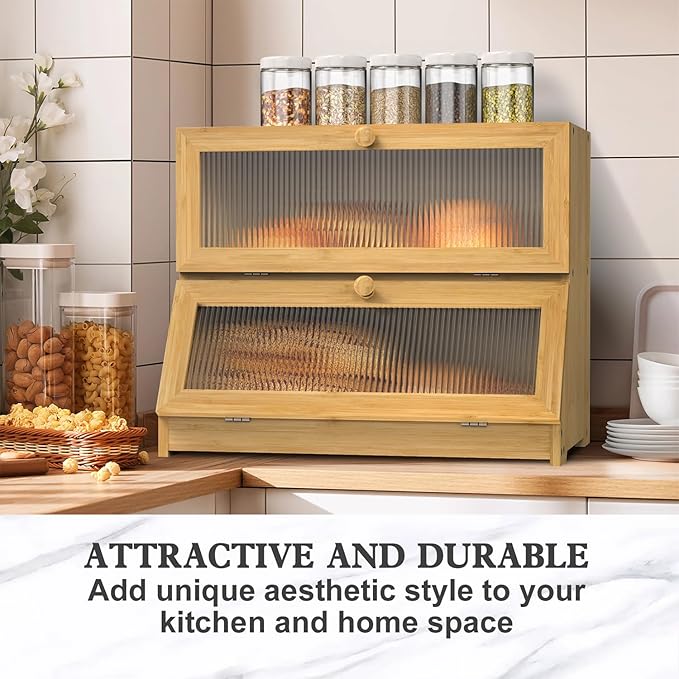 LOHASOK Bamboo Bread Box for Kitchen Countertop, Double Layer Large Bread Storage Container for Homemade Bread with Window & Lid, Bread Keeper Holder,Wood Color