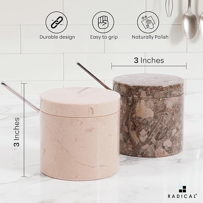 Radicaln Marble Salt Cellar with Lid and Tray 3" Inch Oceanic & Verona Handmade Set of 2 Seasoning Jars For Kitchen Storage, Ideal Table Sugar Bowl & Salt Dish For Countertop