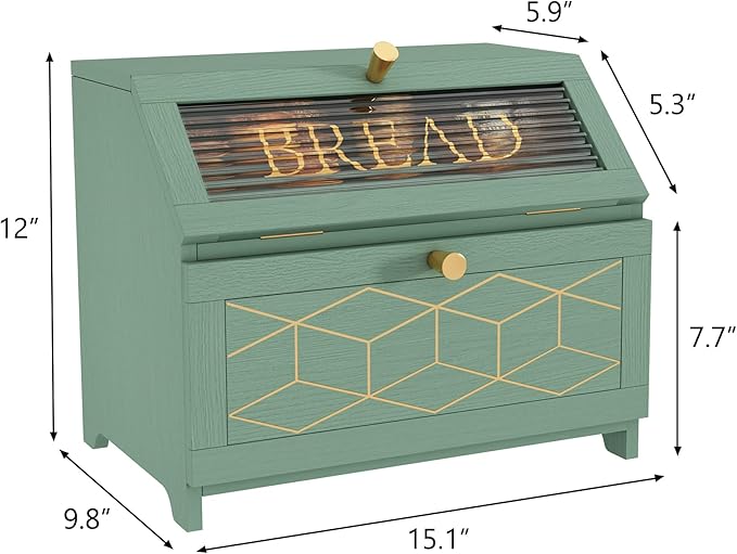 HOLTICO Double Layer Bread Box With Golden Trim for Countertop, Wooden Bread Container for Kitchen Counter, Corner Bread Storage (Green)