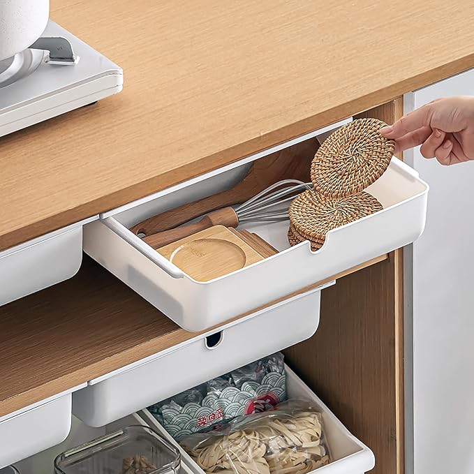 Under Desk Drawer, 2 Pack Large and Medium Hidden Self-Adhesive Under Desk Organisers for Storage of Cutlery, Office Supplies, Stationery and Cosmetics (White-2)