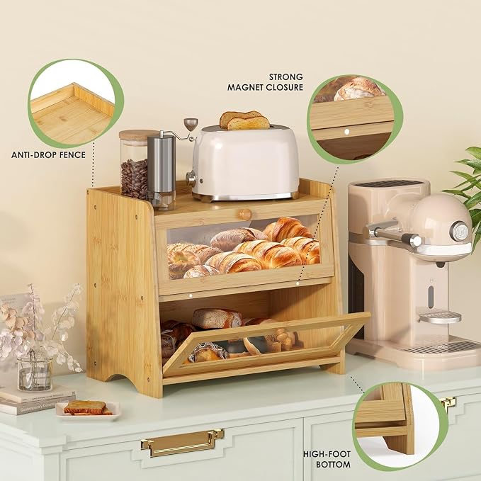 JANSNIMEN Large Bread Box for Kitchen Countertop, Double Layer Breadbox Bread Container Storage with Acrylic Door, Wooden Farmhouse Bread Holder (Bamboo, Large-16.54" L x 9.84" W x 14.96" H)