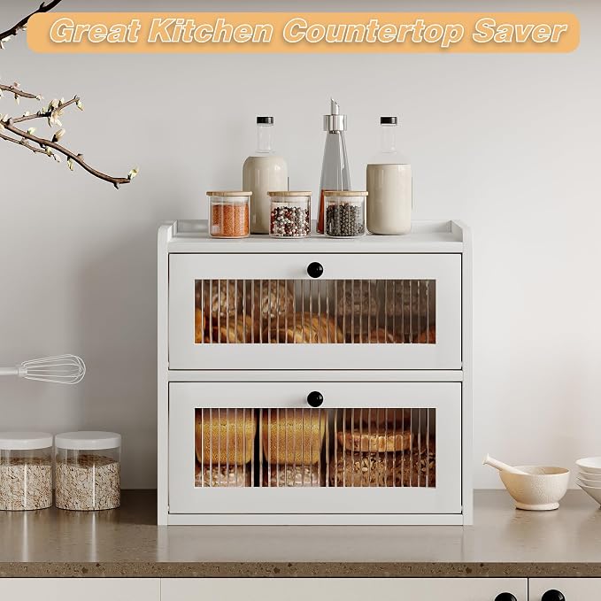Alpeir Double Layer Large Bread Box for Kitchen Countertop, White | Ventilation Hole, Longer Fresh, Natural Wood, Fit Homemade Bread & Baked, Extra Top Storage, Acrylic Window, Modern Style