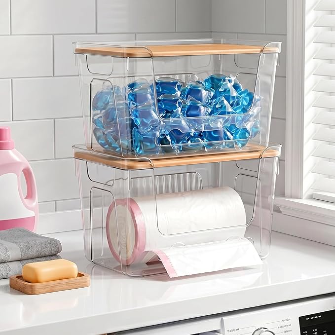 CANTAMI Trash Bag Dispenser with Lid, 2 Pack Plastic Stackable Trash Bag Holder, Extra Large Garbage Bag Dispenser for Kitchen, Laundry Room, Under Sink Organization and Storage