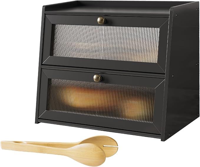 Double Layer Large Bamboo Bread Box for Kitchen Counter, Wooden Large Capacity Bread Storage Bin with Window Bread Holder