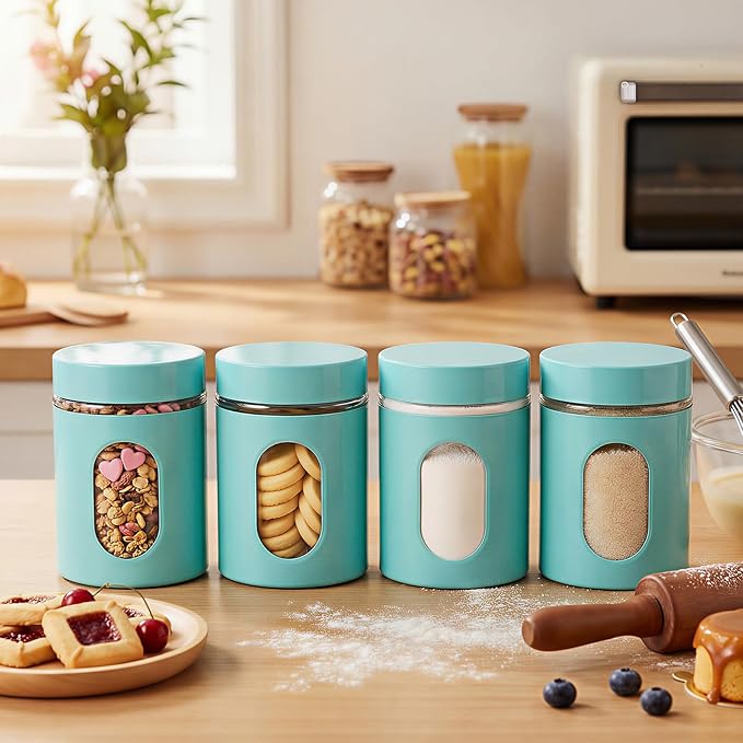 Mimorou 3 Pcs Stainless Steel Canister Set with Glass Windows Visible Storage Jars Silver Kitchen Canister Set for Pasta Flour Oat Sugar Container, Kitchen Tools, Housewarming Gifts(Turquoise,20 oz)