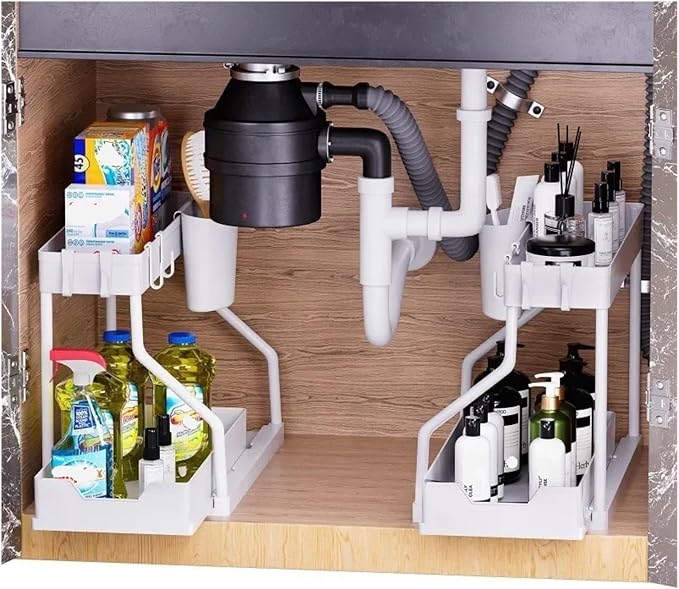 2-Tier Pull-Out Storage Organizer - Space-Saving Kitchen and Bathroom Essentials Organizer with Large Capacity Drawer(Black-2 ties-2 Pack)