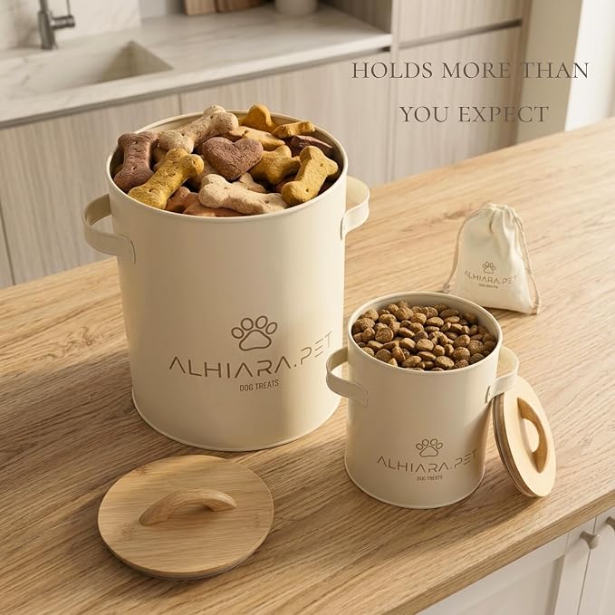 Modern Bamboo Dog Treat Container for Kitchen Countertop – Stylish Pet Food Storage with Scoop, 5–7 lbs Capacity, 2-Piece Set for Dry Food, Biscuits & Kibble