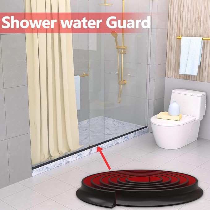 New Collapsible Shower Threshold Water Dam, Self Adhesive Silicone Waterproof Barrier Bathroom and Kitchen Water Strip Dam Shower Guard for Dry And Wet Separation Caulk Seal Strip Edge Trim(Black)
