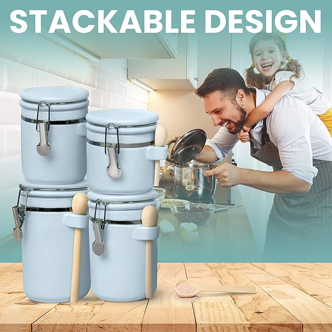 Home Intuition 4-Piece Ceramic Kitchen Canisters Set, Airtight Containers with Wooden Spoons Reusable Chalk Labels and Marker for Sugar, Coffee, Flour, Tea (Light Blue)