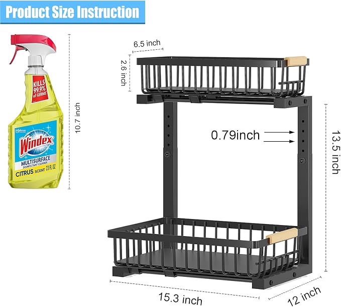 Under Sink Organizer and Storage: 2-Tier Adjustable Height Under Sink Bathroom Organizers Multi-Purpose Bathroom Cabinet Pull Out Drawers for Kitchen with Hooks (Black)