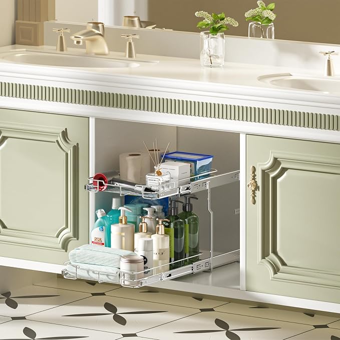 Delamu Pull Out Cabinet Organizer 2-Tier 14" W x 21" D Heavy Duty Chrome-Plated Slide Out Drawers, Kitchen Drawer Organizer Pull Out Shelves for Pots & Pans, Home Pantry Cans & Spices, Silver