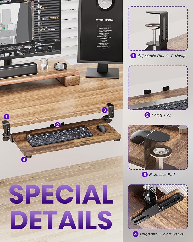 Ergonomic Keyboard Tray Under Desk, Pull Out with Adjustable C-clamp, 25.6 (31.5 Including Clamps) x 11.8 Inch Slide Out Computer Keyboard Drawer Mouse Tray for Typing, Large & Rustic Brown