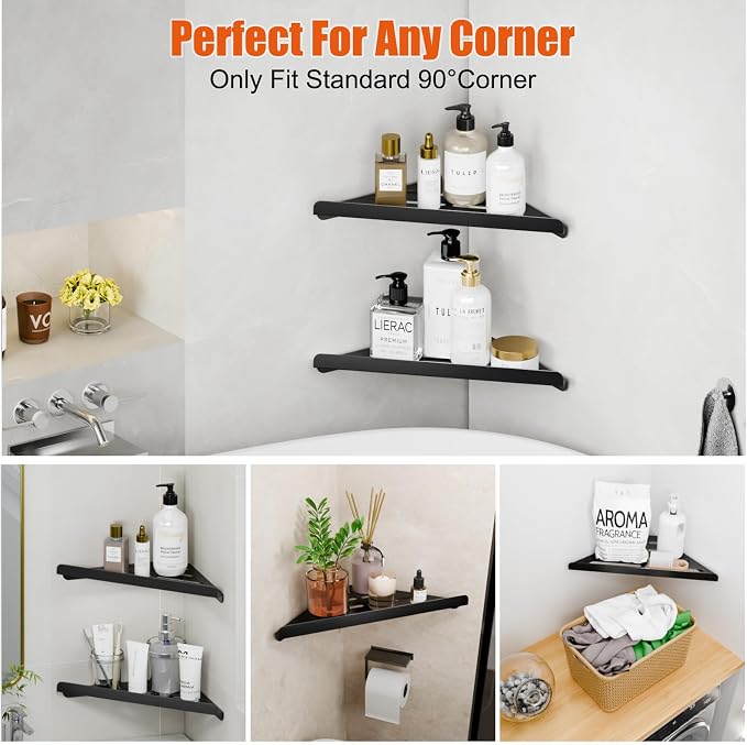 Fikoksol Shower Caddy, 2 Pack Bathroom Corner Shelf, Triangle Shelf Storage for Bathroom Shower, Black Metal Shower Shelf & Rustproof Wall Mounted Adhesive Glue Organizer Accessories and Essentials