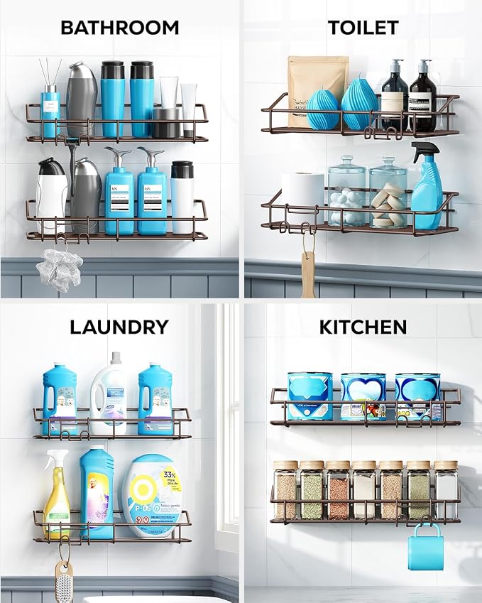 Nieifi Shower Caddy Shelf with Hooks Storage Rack Organizer Adhesive Stainless Steel without Drilling for Bathroom, Lavatory, Washroom, Restroom, Shower, Toilet, Kitchen (Brown, 3 Pack)