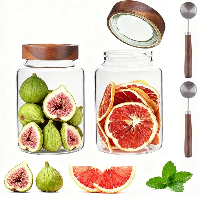 60 oz Glass Coffee Jars with Wooden Airtight Lid Spoon Clear Herb Ground Canister Round Food Storage Container for Sugar Pantry Flours Tea Coffee Bean Spice Cookies (1800ml/60oz-2PACK(with spoon))