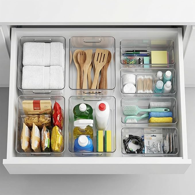 MOONEDGE 8 Pack Modular Clear Plastic Storage Organizer Bins β 4 Large & 4 Narrow, Nestable Space-Saving System for Pantry, Kitchen, Fridge, Bathroom & Cabinet Organization - Versatile & Easy to Use