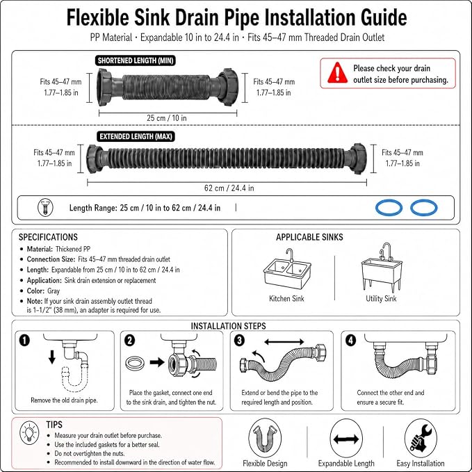 1-1/2" Flexible Sink Drain Pipe, Expandable Drain Hose, Adjustable Under Sink Drain Extension Tube 10" to 24.4", Thickened PP Sink Drain Replacement Hose for Kitchen Bathroom RV Sink, 1 Pack