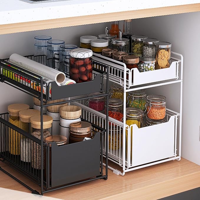 Takywep 2-Tier Pull Out Cabinet Organizer, Heavy Duty Slide Out Pantry Shelves Drawer Storage with Adhesive Film, No-Drill Sliding Mesh Basket for Kitchen, Bathroom, Home
