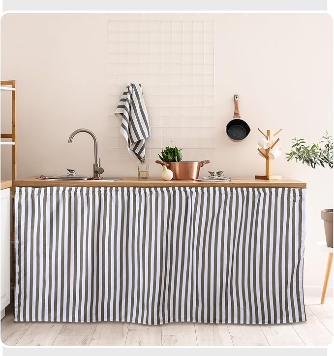 Hahafelt Self-Adhesive Sink Skirt, 55"x32" Waterproof Fabric Under Sink Cover with Diamond Stitch, Hide Pipes & Storage for Bathroom, Kitchen, Laundry Room, Rental Home Decor(Stripe)