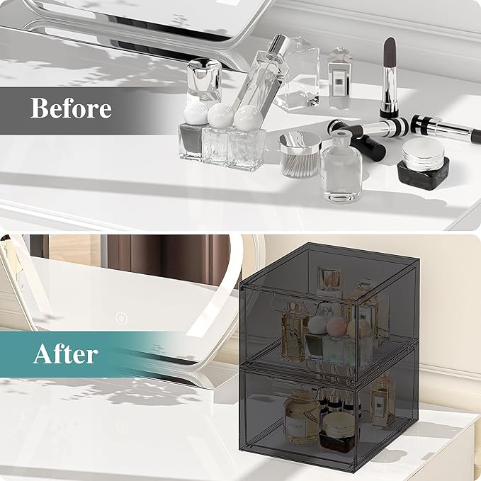 SpaceHacks 2 Pack Stackable Makeup Organizer and Storage, Acrylic Organizers,Clear Plastic Storage Drawer with Pull-Out Handles for Vanity, Undersink, Kitchen Cabinets, Pantry, Black