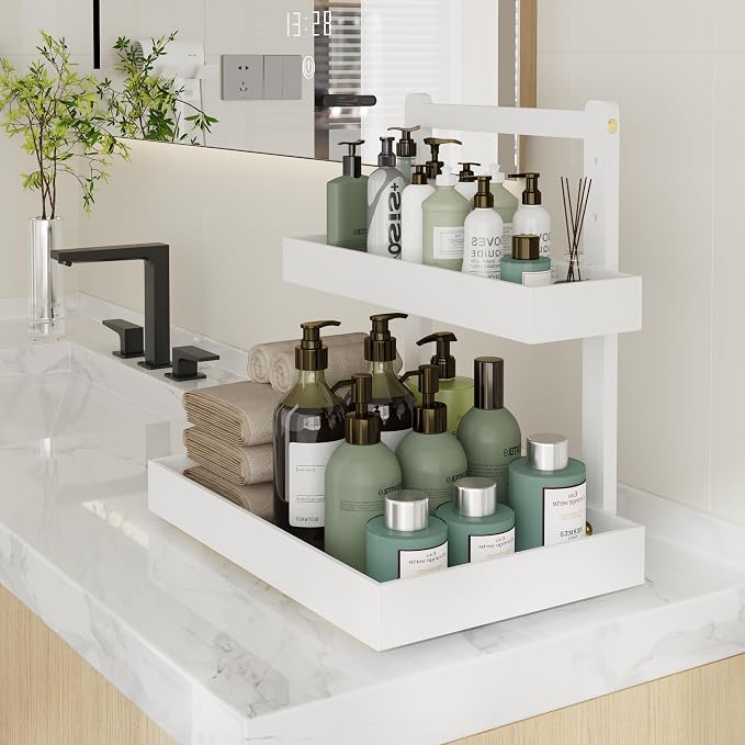 Bamboo Under Sink Storage 2 Tier Pull Out Cabinet Organizer Slide Out Under Sink Storage Shelf Undersink Organizers Shelves for Kitchen Bathroom Organization (White, 2 Packs)