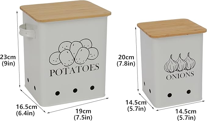 Kitchen Vegetable Storage Tins Set of 2, Onion and Potato Storage Bins with Wooden Lid and Aerating Holes, Garlic Bin Caddy, Vintage Kitchen Decor, White
