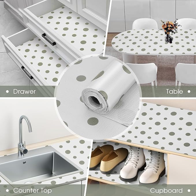 Drawer and Shelf Liner, Non-Slip Kitchen Cabinet Liners Non-Adhesive Thick Strong Grip Waterproof Washable Mats Protect Dresser Shelves Cupboard Bathroom Cabinets, Polka Dot, 12 in X 10 FT
