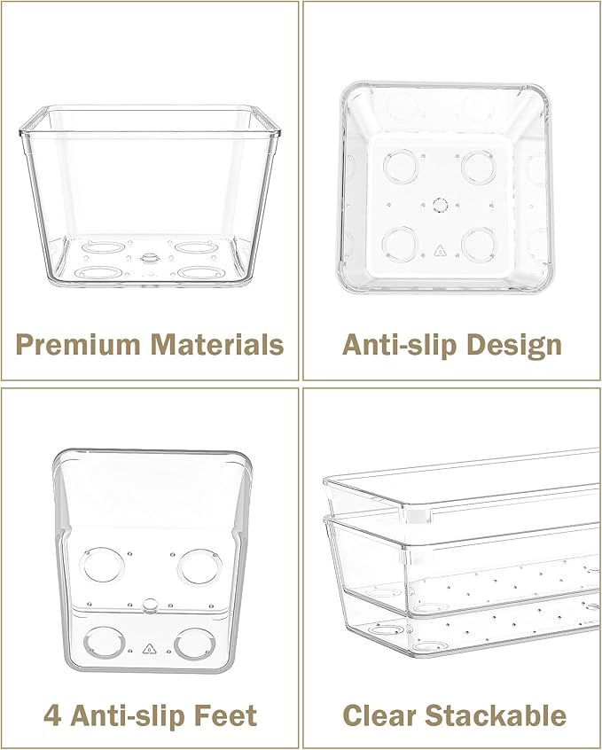15Pcs Clear Plastic Drawer Organizers Set, 4size makeup drawer organizer trays for vanity/desk/bathroom/office/nightstand/gadgets for kitchen/desk drawer, Versatile drawer divider storage bins